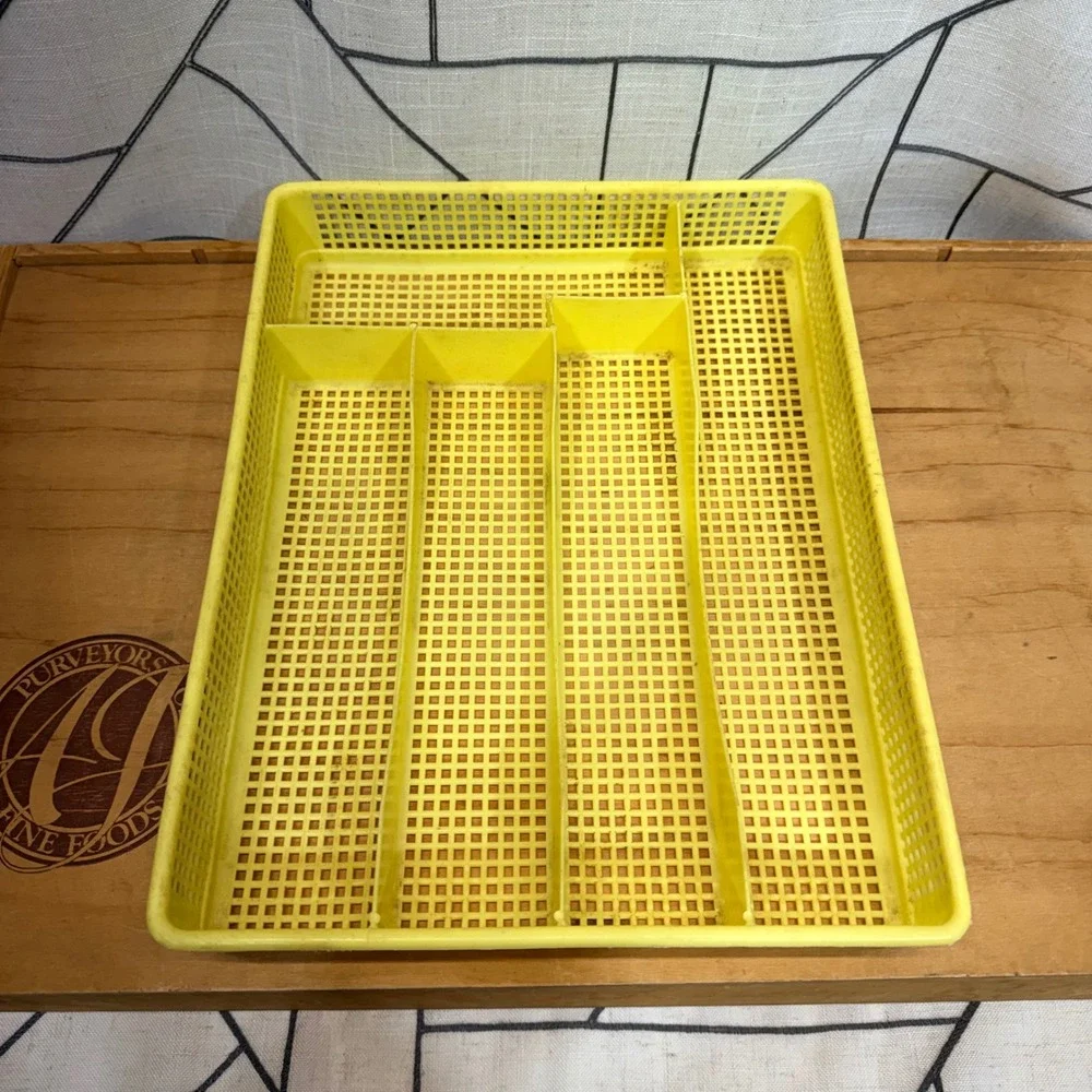 Vintage Yellow Plastic Mesh Silverware Drawer Organizer 5 Compartment Tray Retro